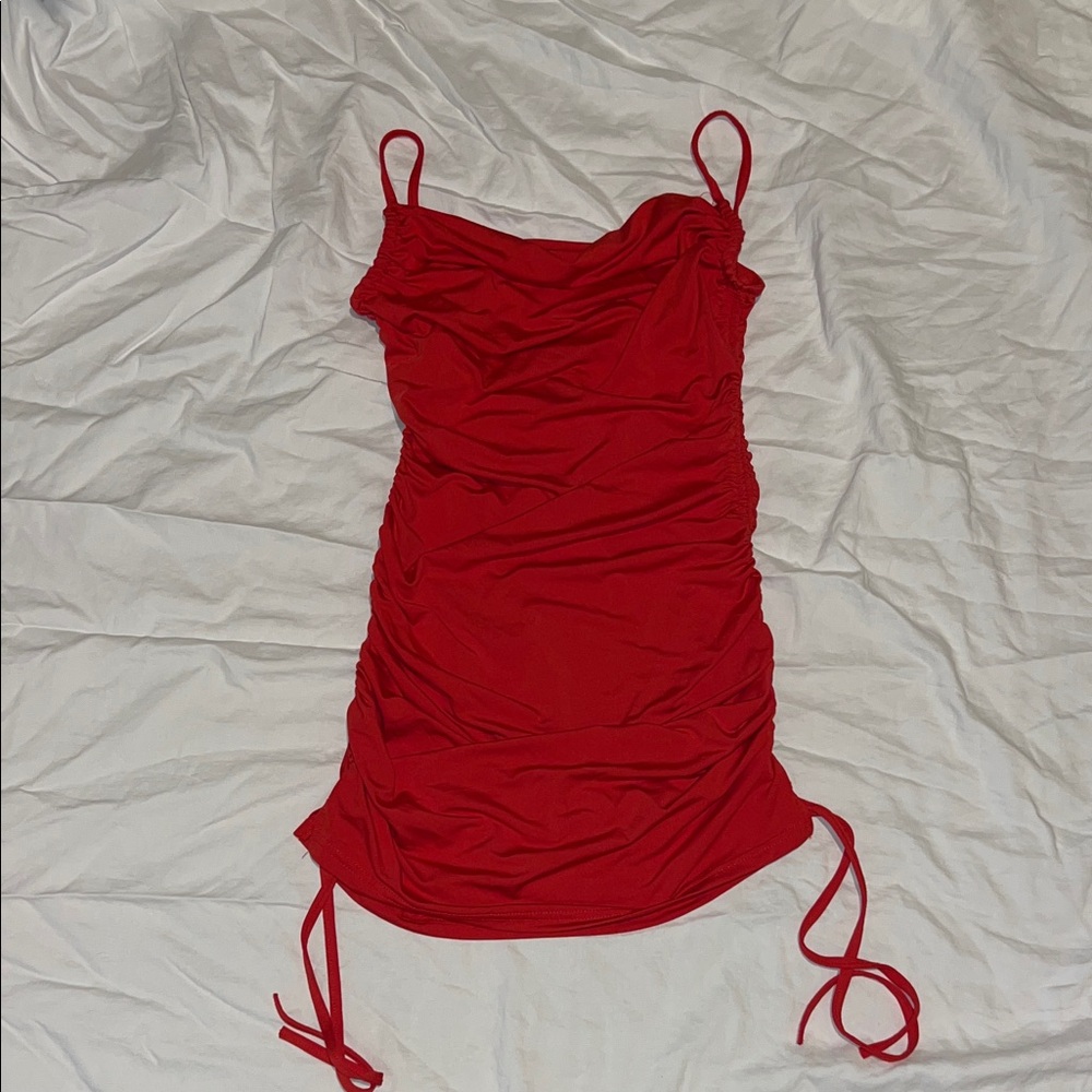 Red Ruched Mini Dress - Picture 3 of 4